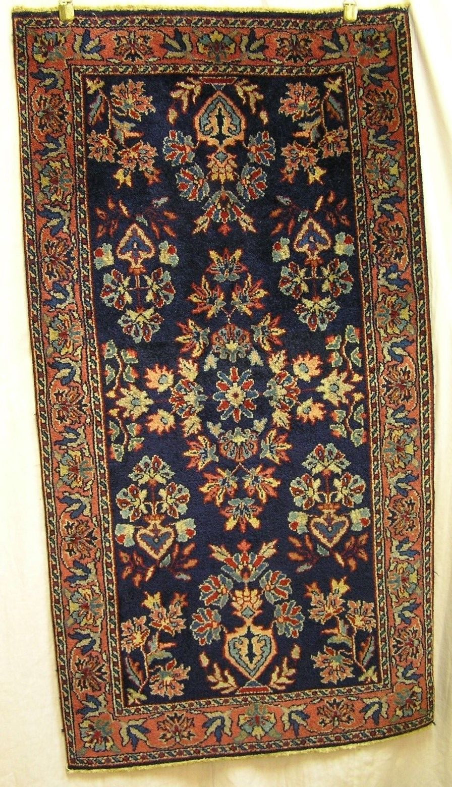 Antique Sarough Oriental Area Rug Carpet 25.1/2″ x 48.1/2″ Navy Blue Background