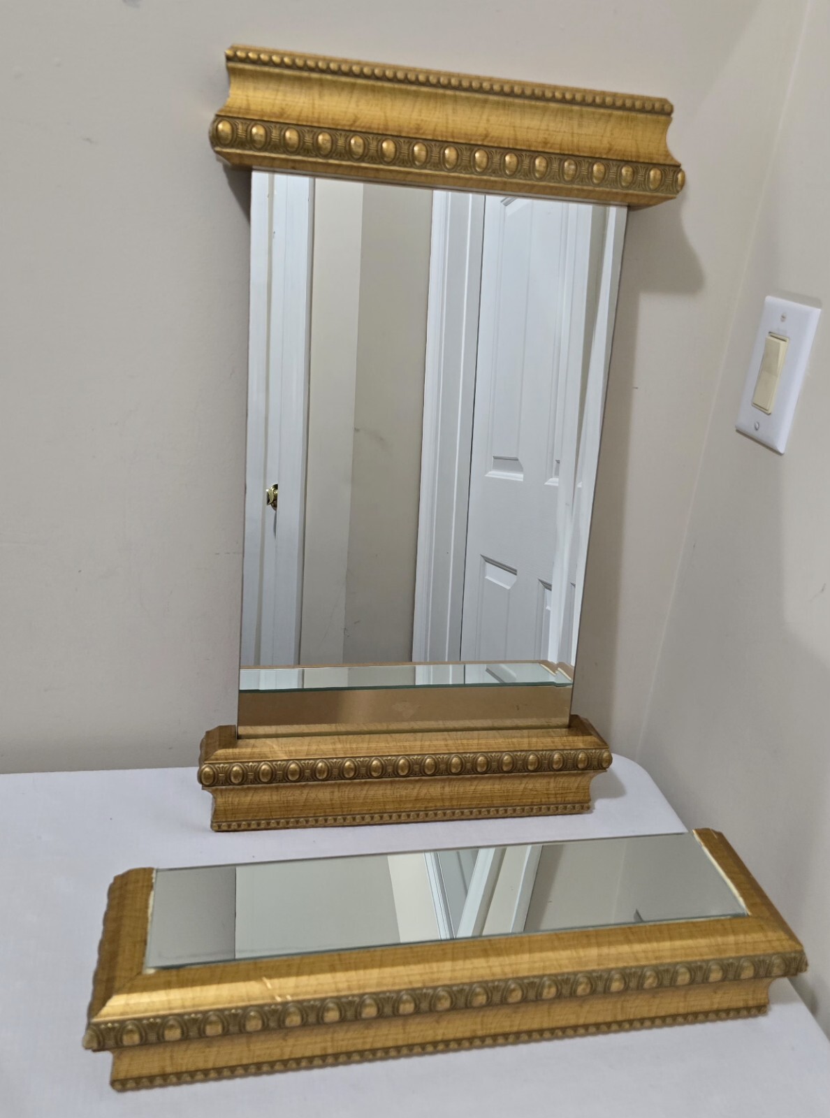 Vintage1940s Neoclassical Style Giltwood Beveled Mirror with Mirrored Shelf Rare