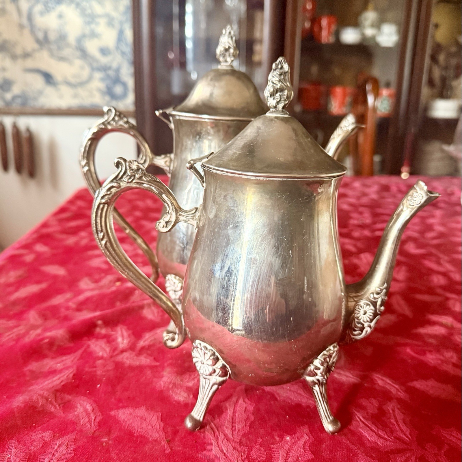 Silverplate Victorian Tea & Coffee Set Servers, Ornate Design Beverage Pitchers