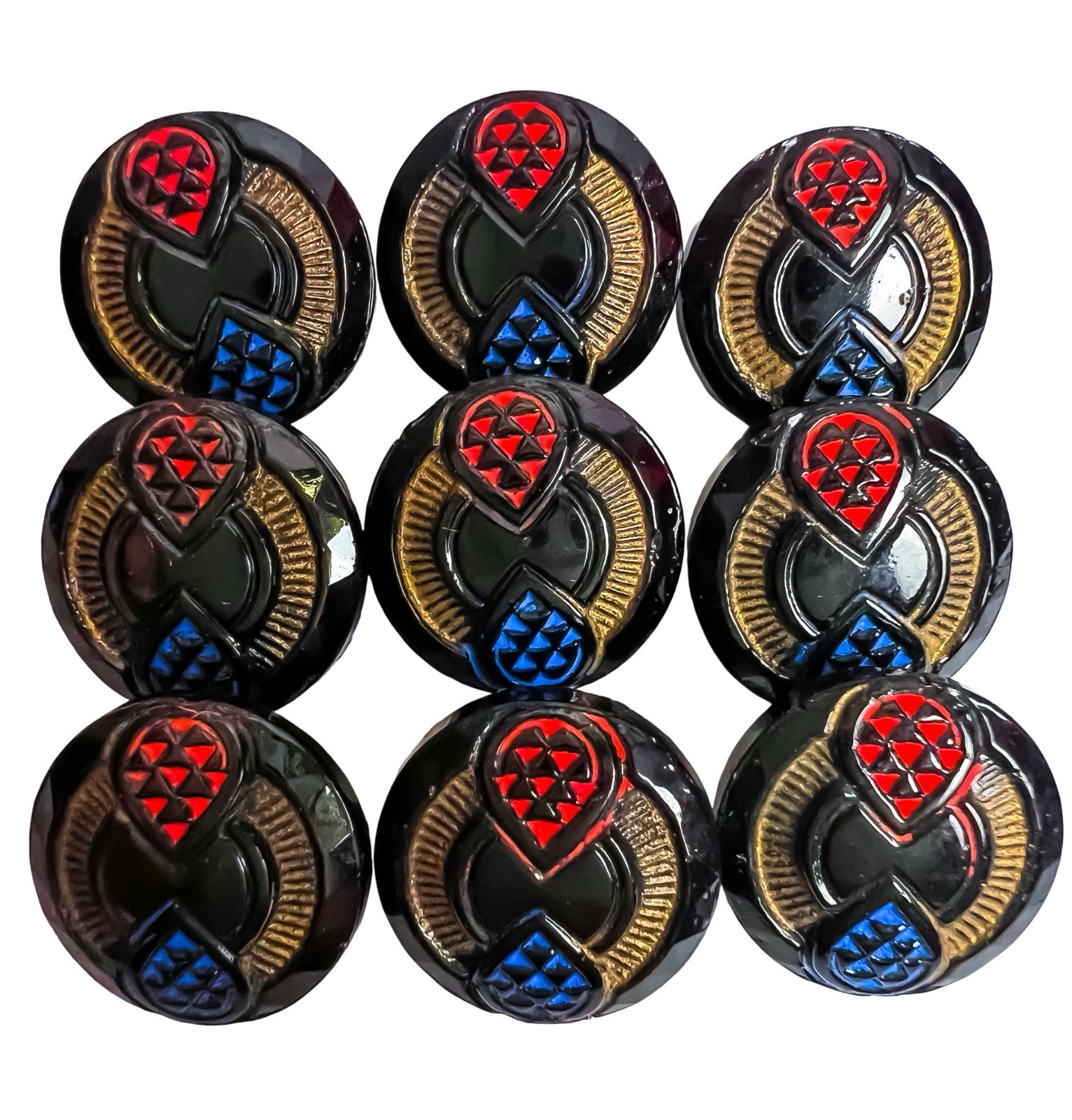 Set of 9 Vintage Glass Buttons Black Painted Art Deco Czech Blue Red Matching
