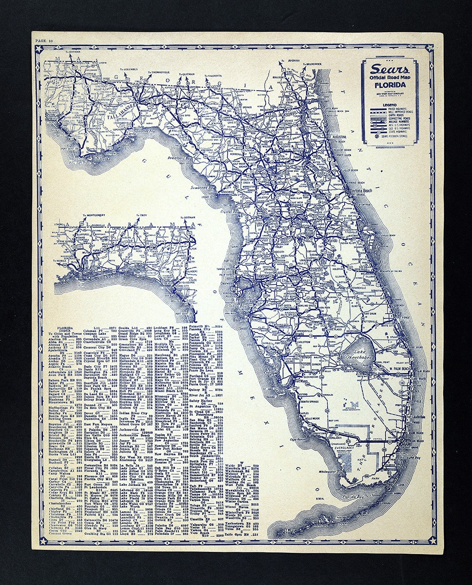 1935 Sears Road Map Florida Miami Orlando St Augustine Tampa Tallahassee Keys