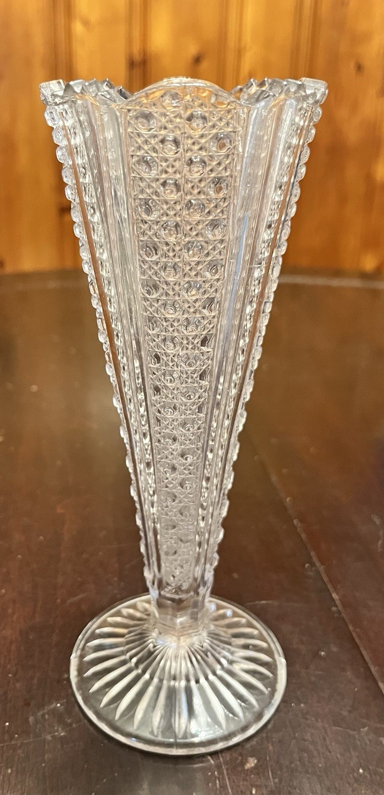 EAPG McKee Brothers Pressed Glass Rainbow Cut 8 1/4” Pedestal Bud Vase C. 1898
