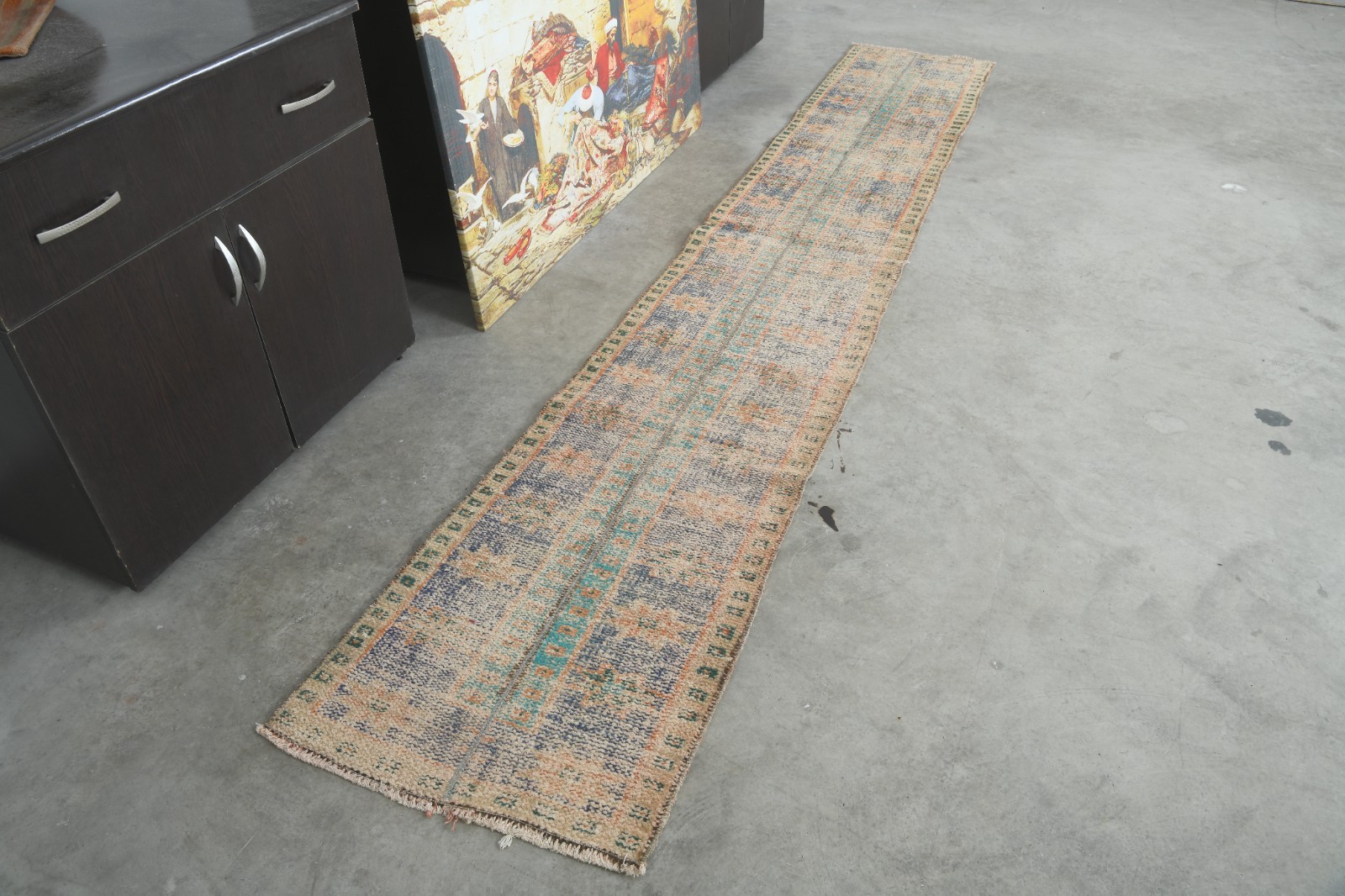 hand made neutral vintage turkish runner rug 2×11 oushak wool runner carpet,763