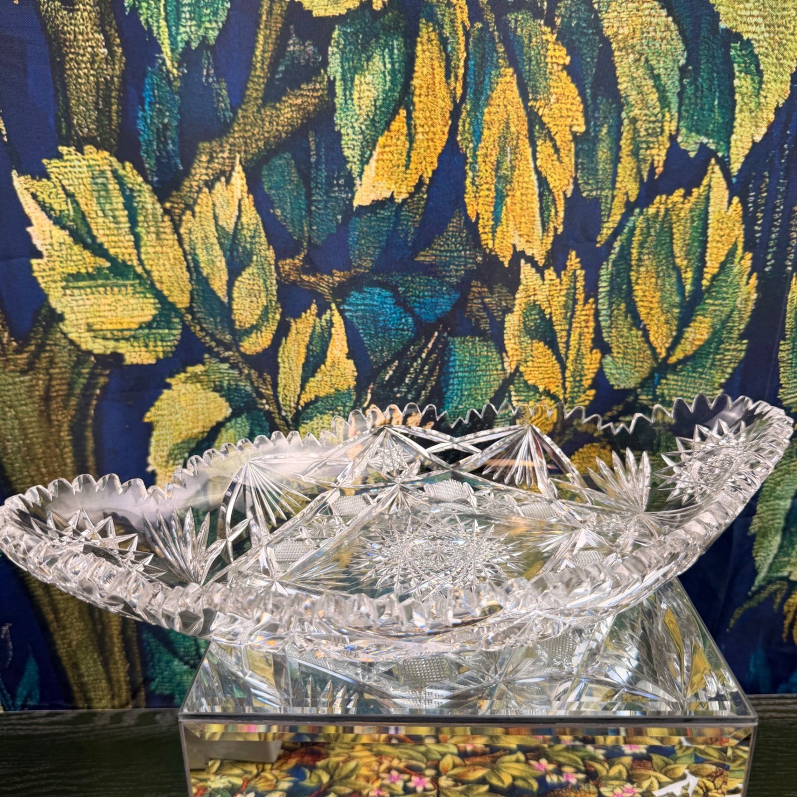 Antique American Brilliant Period Cut Glass Oval Bowl Hobstar Sawtooth 11.5in