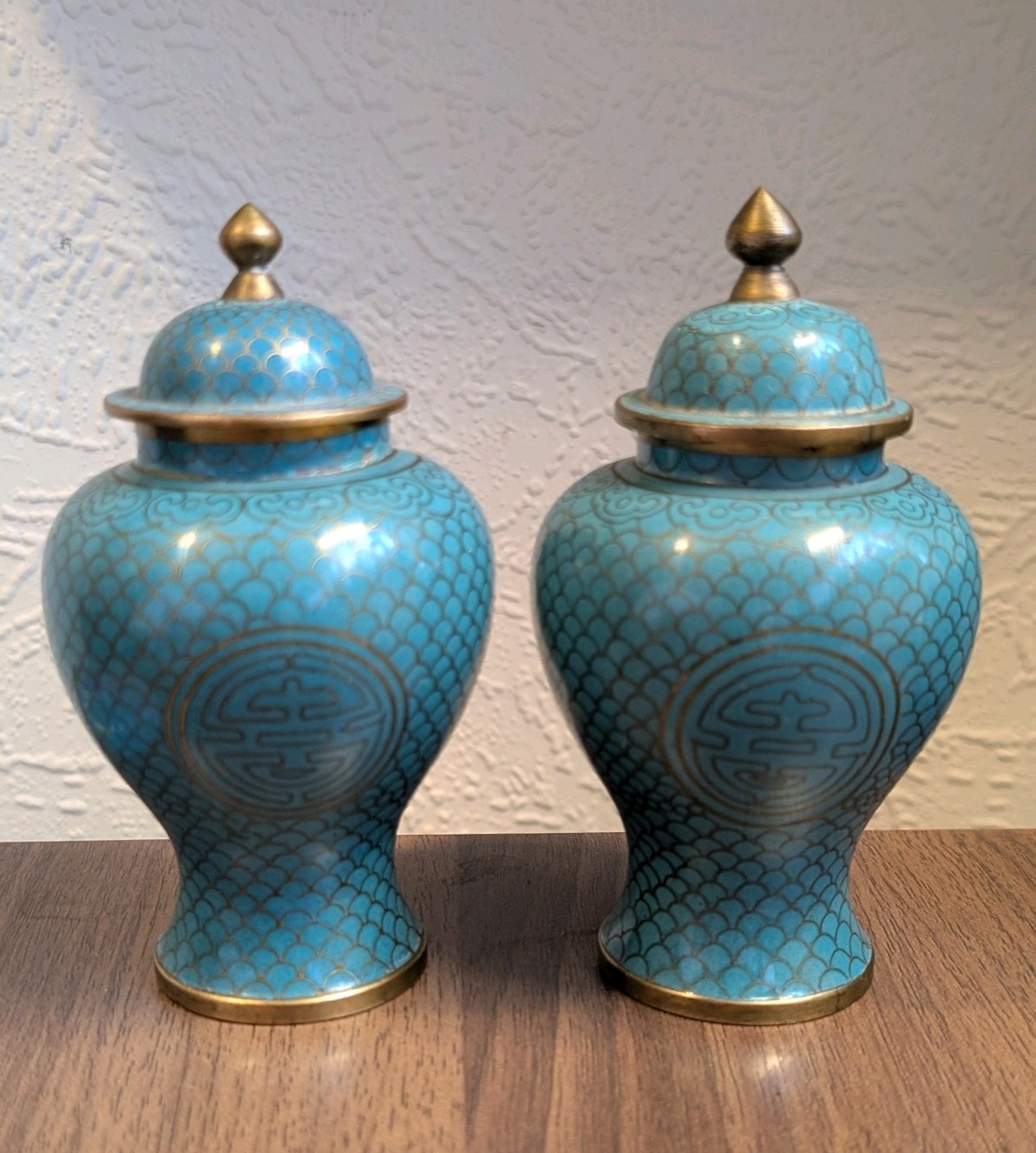 Fine Pair Of Republic Era Cloisonné Meiping Vases In Blue And Golden Wire