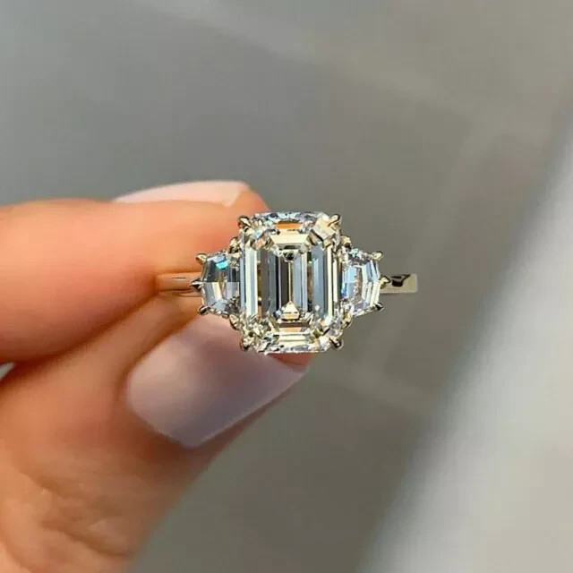 4CT Emerald Cut Moissanite Women Three Stone Engagement Ring White Gold Plated