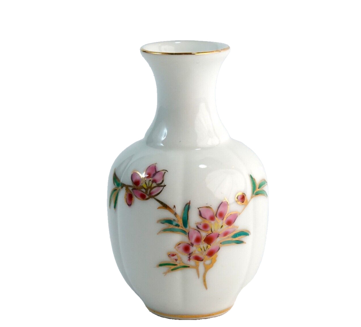 Vintage Chinese Porcelain Vase Floral Gold Rim Small Flowers 3” Tall