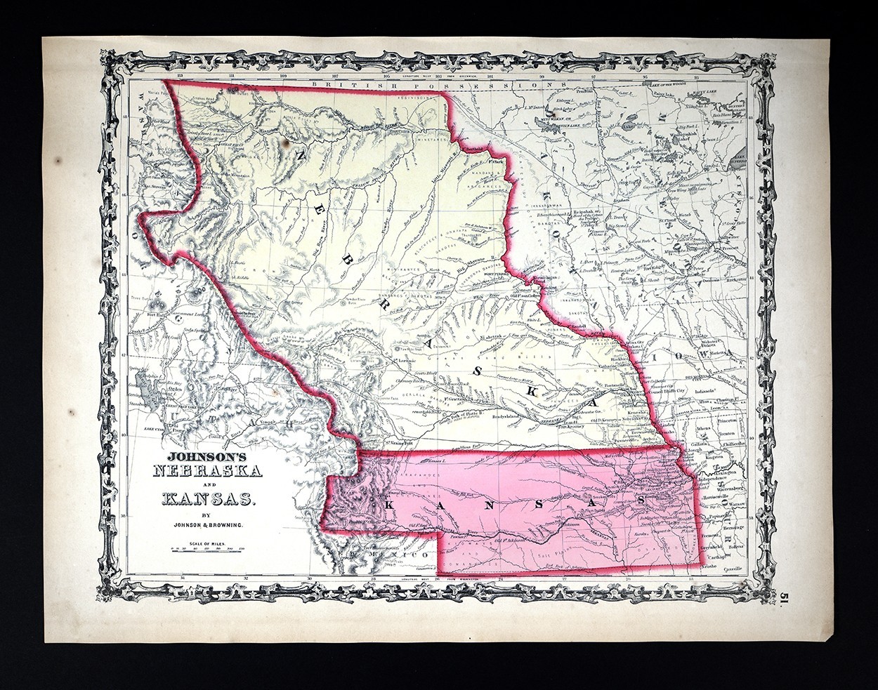1860 Johnson Map Nebraska Territory Kansas MT WY CO Yellowstone River Denver