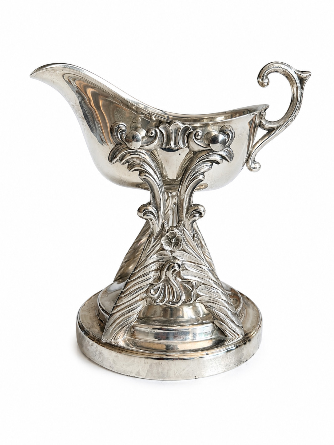 Vintage Silver Plate Gravy Boat on Ornate Stand Scroll Handle Serving Piece