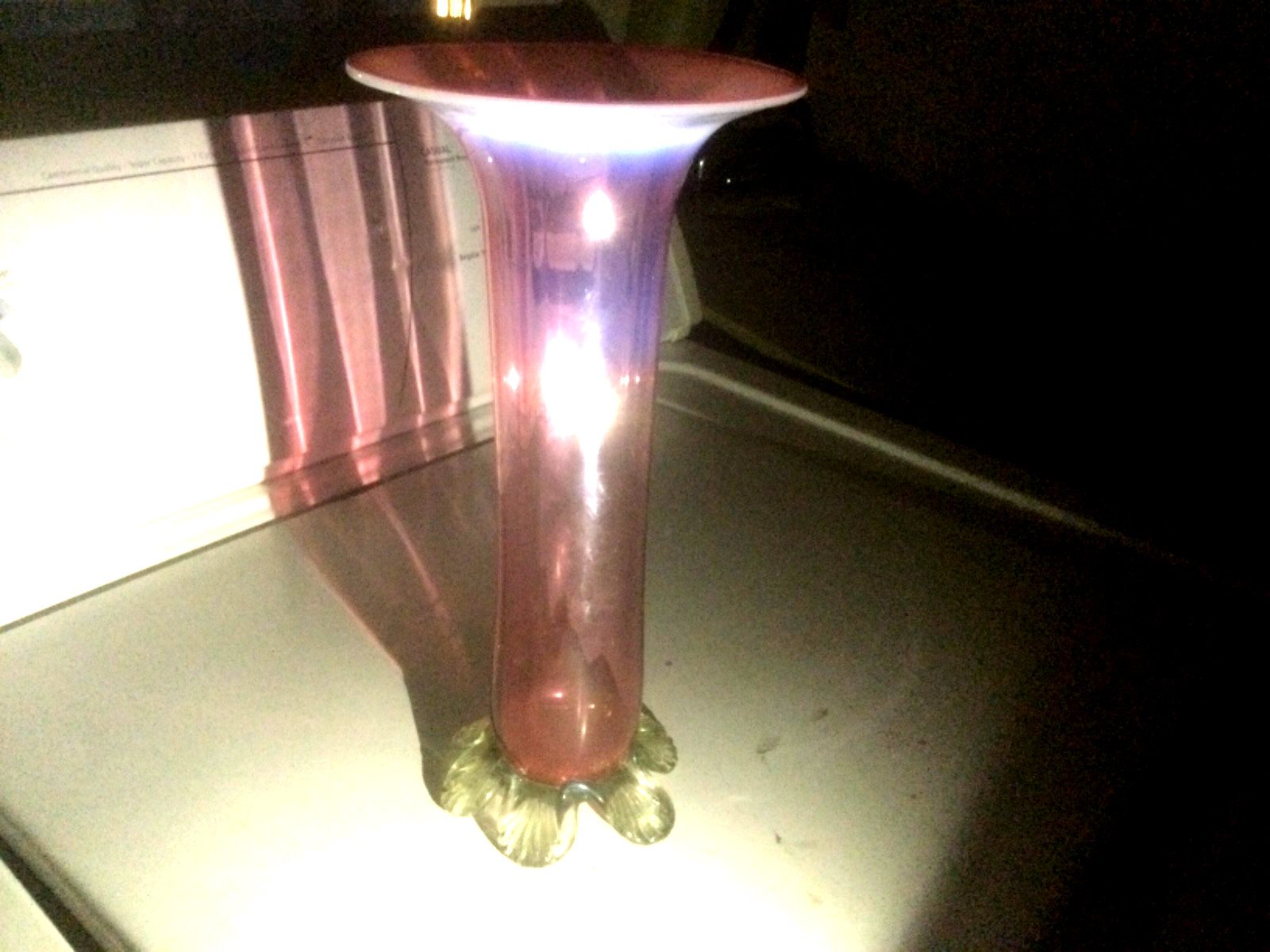 American Cut Watermelon 10” Art Glass Vase Clear Green to Pink c 1920 – 1930