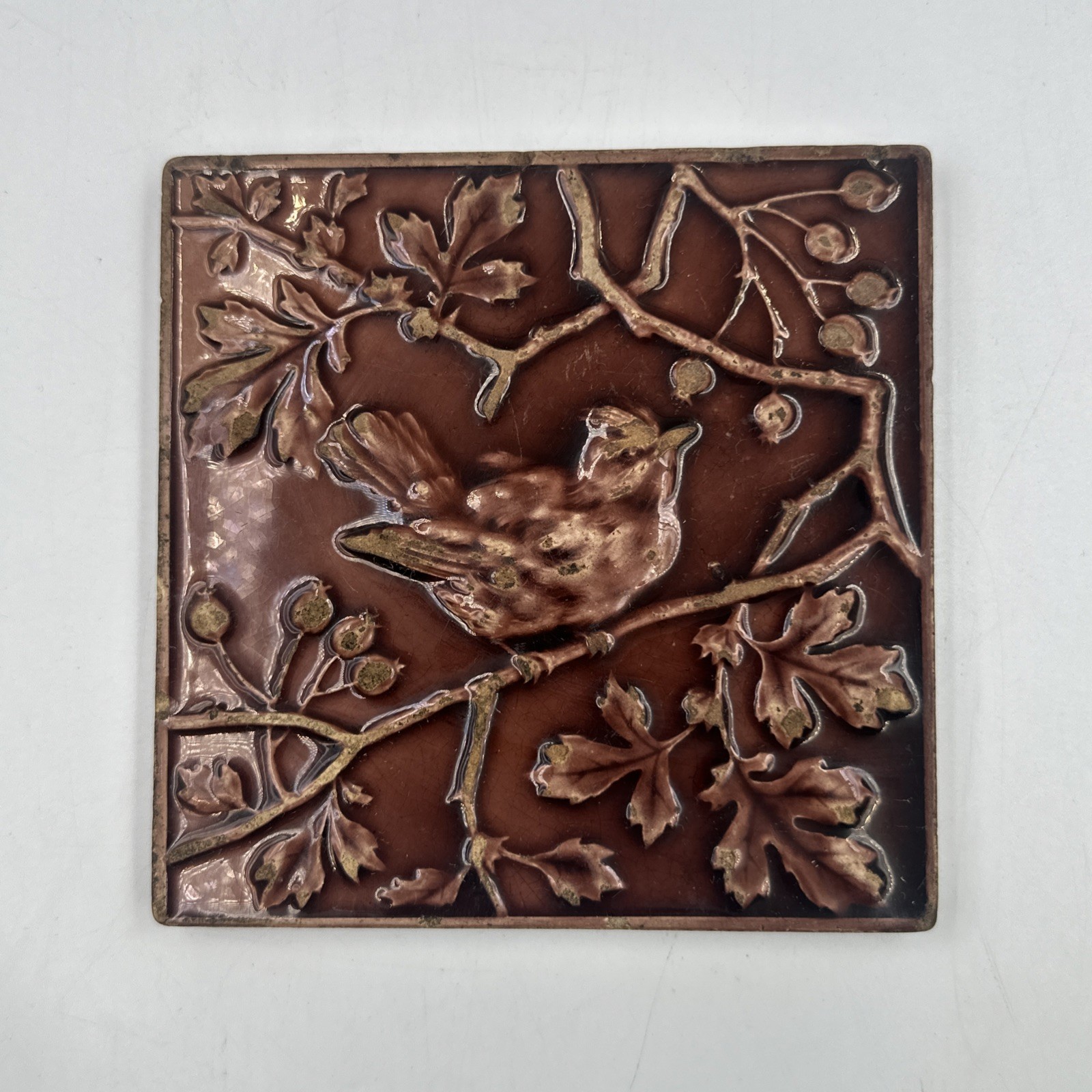 Antique Minton’s China Works Art Pottery Brown Tile Bird On Branch Stroke/Trent
