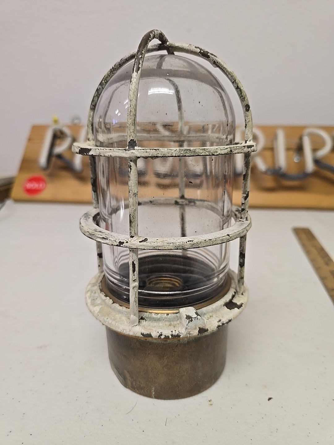 Authentic Vintage Ship Iron & Brass Post Mounted Bulkhead Light Nautical Marine