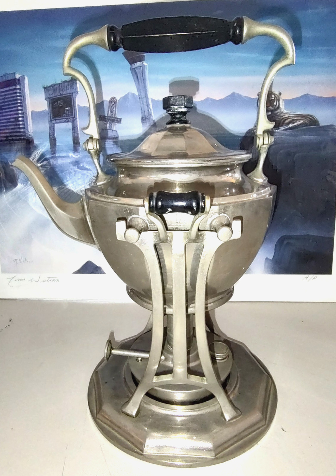Art Deco Landers, Frary & Clark Teapot on tilting stand with burner 1906