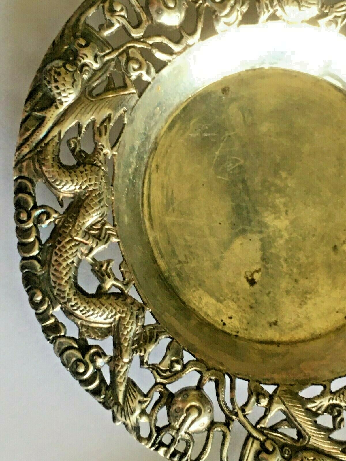 👍 1900s CHINA CHINESE SOLID SILVER DRAGON DISHES PLATES WITH HALLMARK 纯银