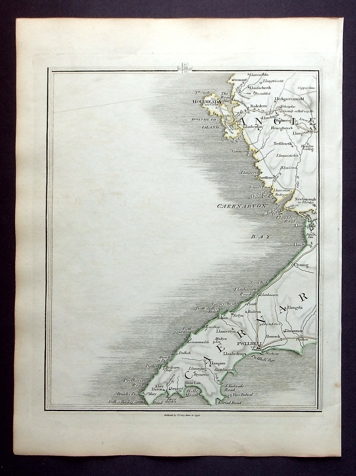 WALES, CAERNARFON BAY, HOLYHEAD, Pl.38, original antique map, Cary, 1794