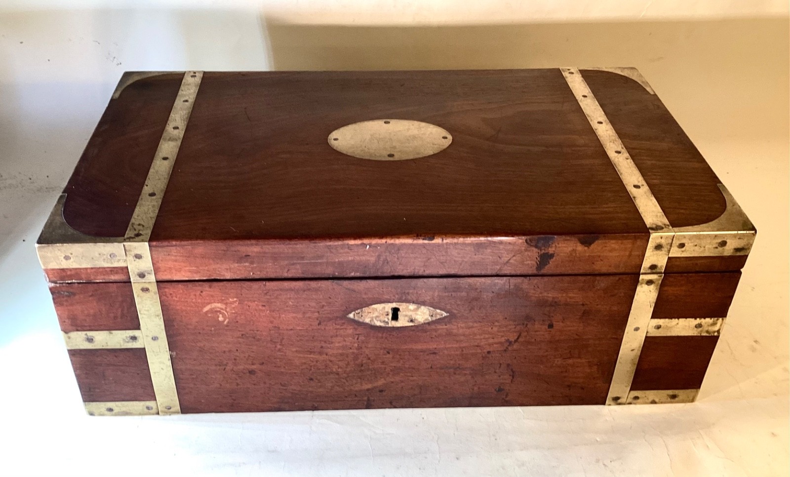 Antique Hardwood Brass Bound Campaign Lap Desk. Great Quality. To Restore.