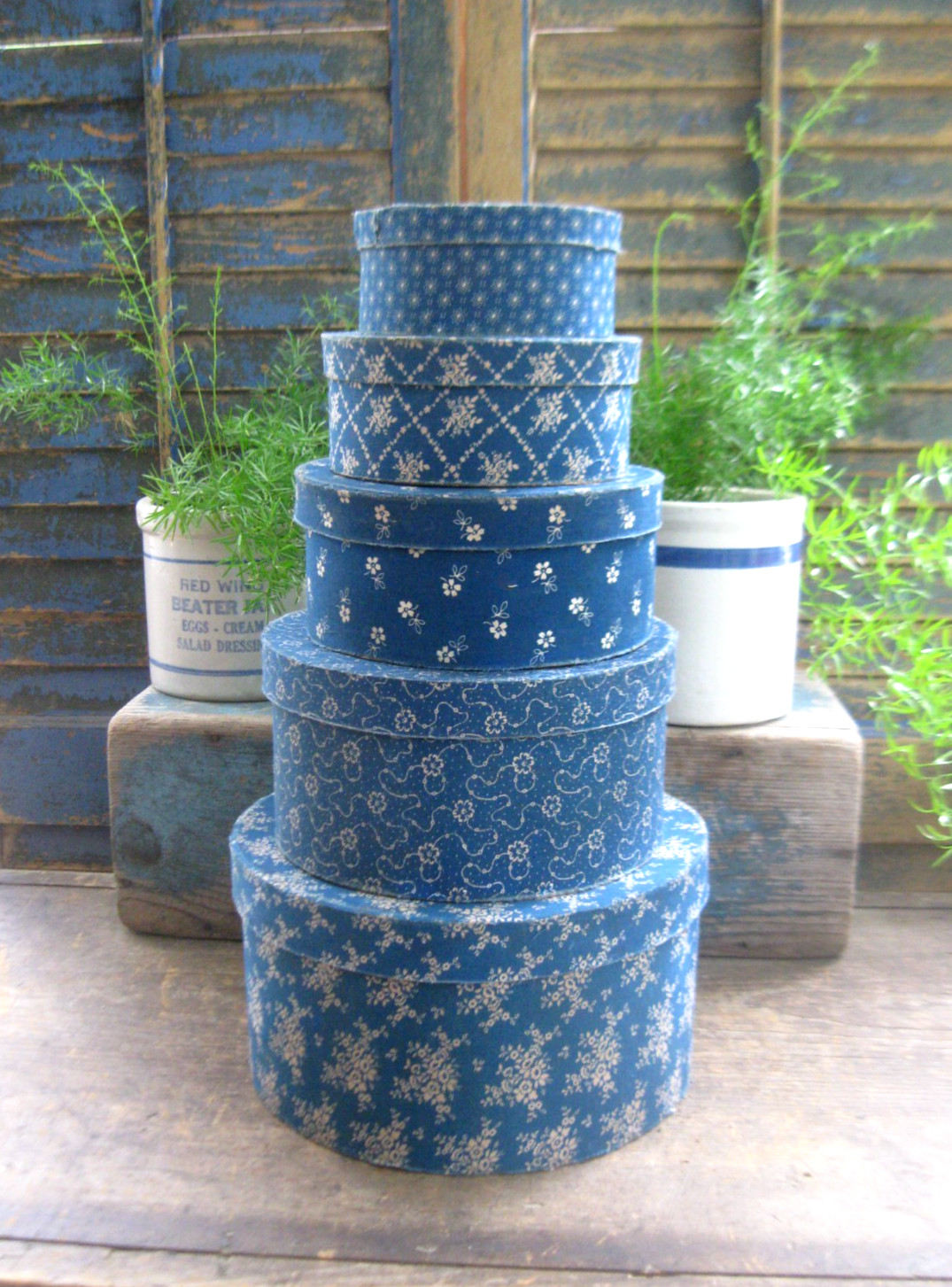 Stack of 5 Large Papier Mache Boxes Blue Calico