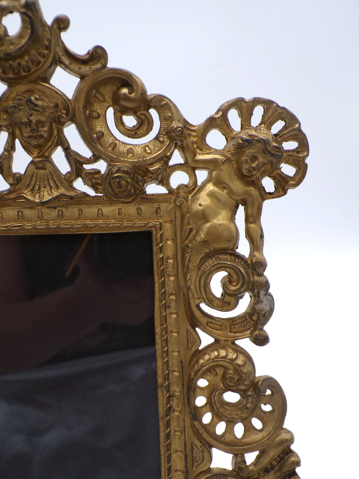 2 Antique Reticulated Scrollwork & Cupid Art Nouveau Brass Easel Picture Frame