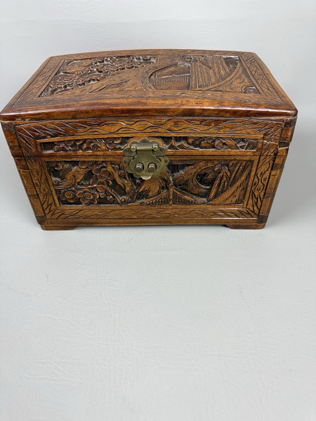 Antique Chinese Camphor Chest Wood Brass Hinged Wood Tea Box Heavily Carved Rare