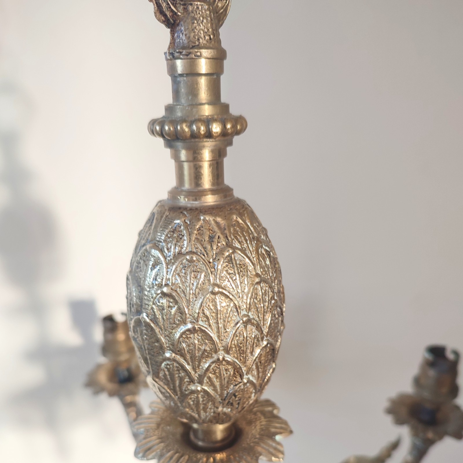 Antique Brass Five-Arm Chandelier – Ornate Rococo Revival Ceiling Light (c.1900)