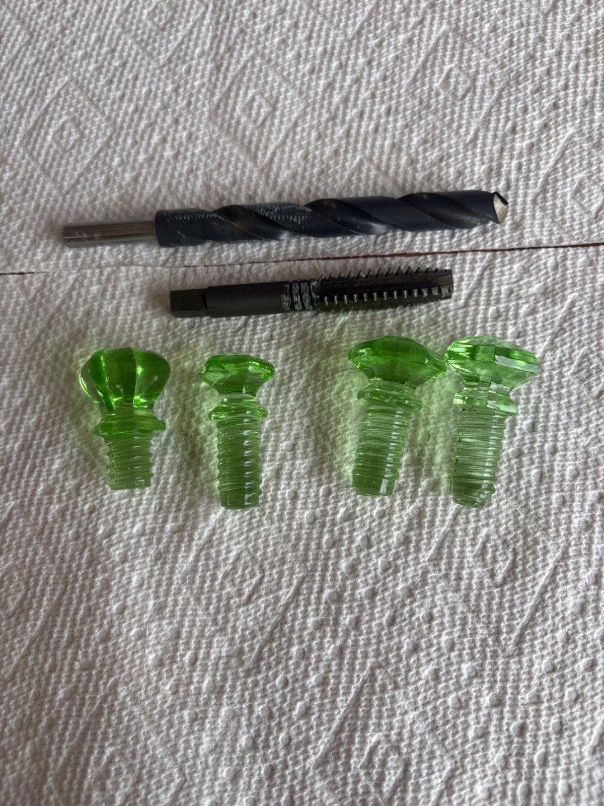 antique green glass pull nobs with installation drill& tap