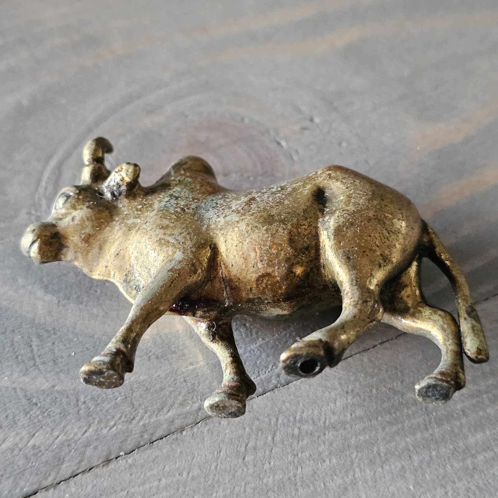 Small Antique Cast Gilt Brass Zebu (Humped Ox) Figure Feng Shui Prosperity