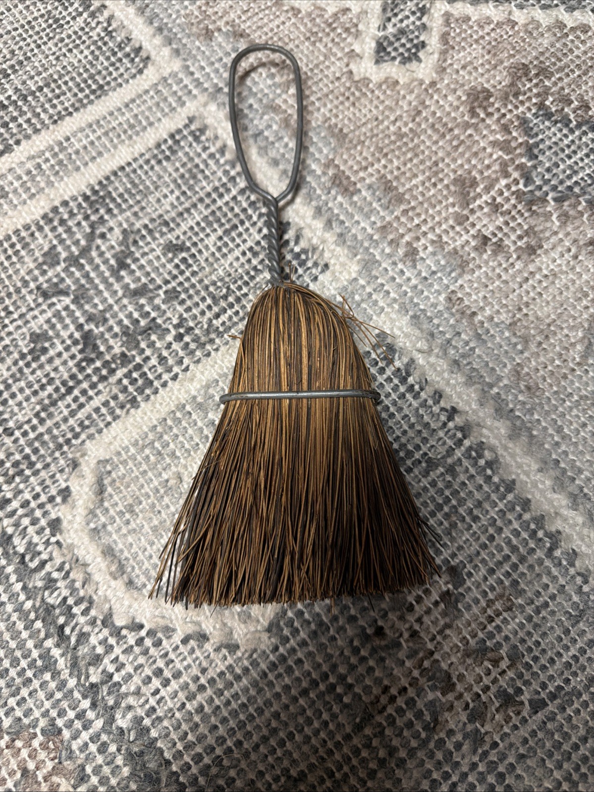 Vintage Farmhouse Hearth Whisk Broom Straw Wire Wrapped metal twisted handle