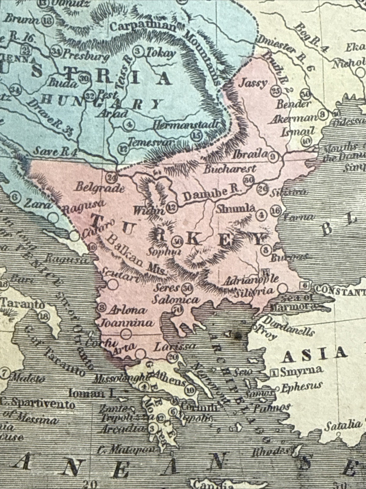 1849 EUROPE HandColored Map by Olney. 8×9 1/2” VG-Fine.