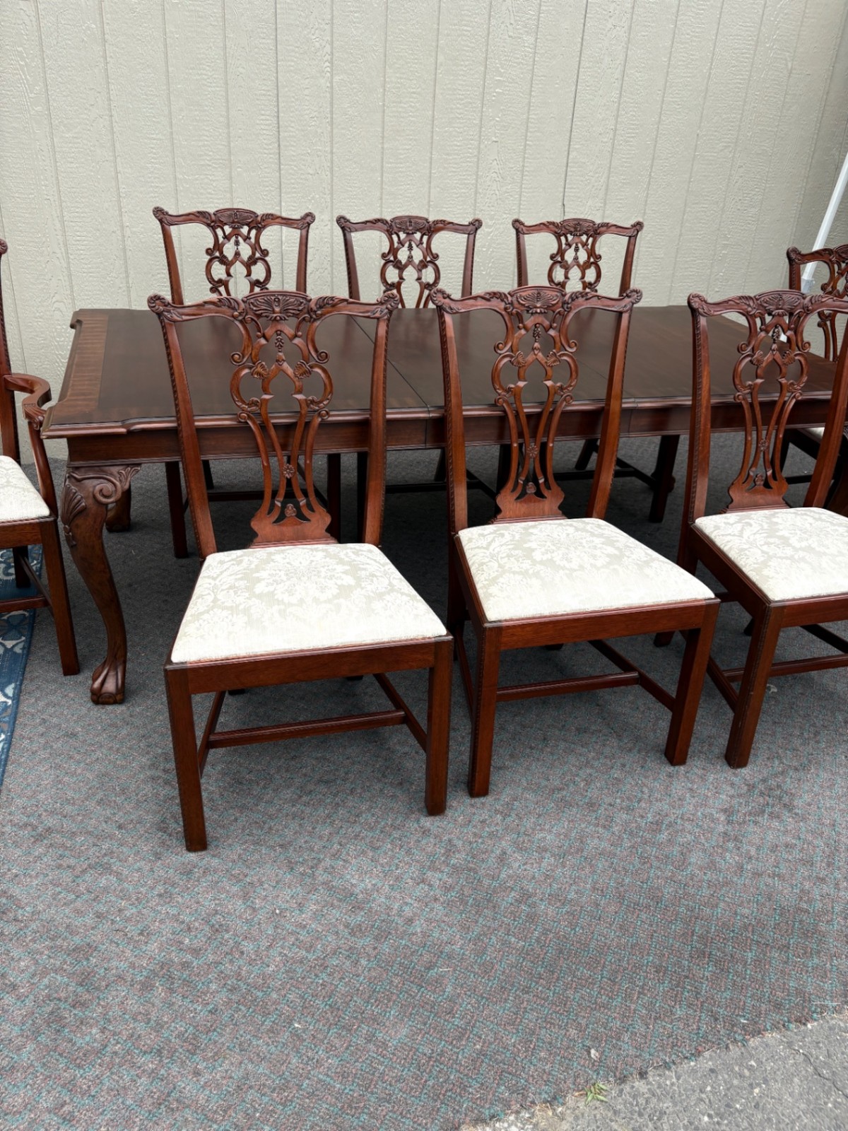 67877 Chippendale Style Dining Table with 1 leaf + 8 Carved Chairs in Mahogany
