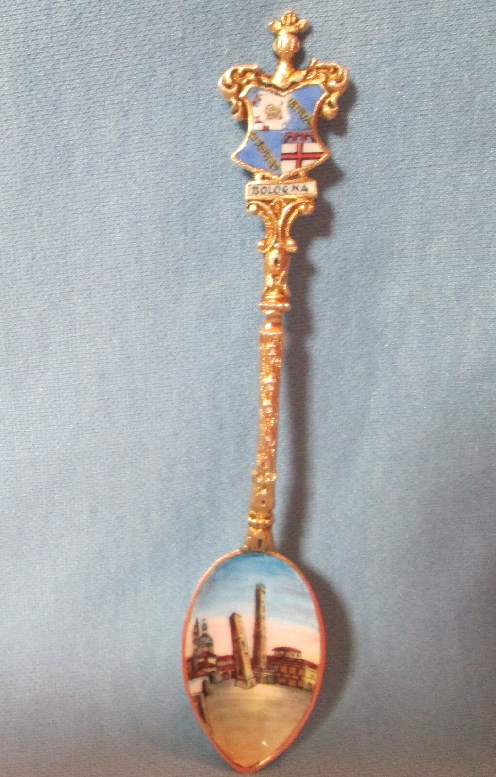 Vintage BOLOGNA Italy Scenic 1909 Silver Spoon w/Enameled Handle & Bowl