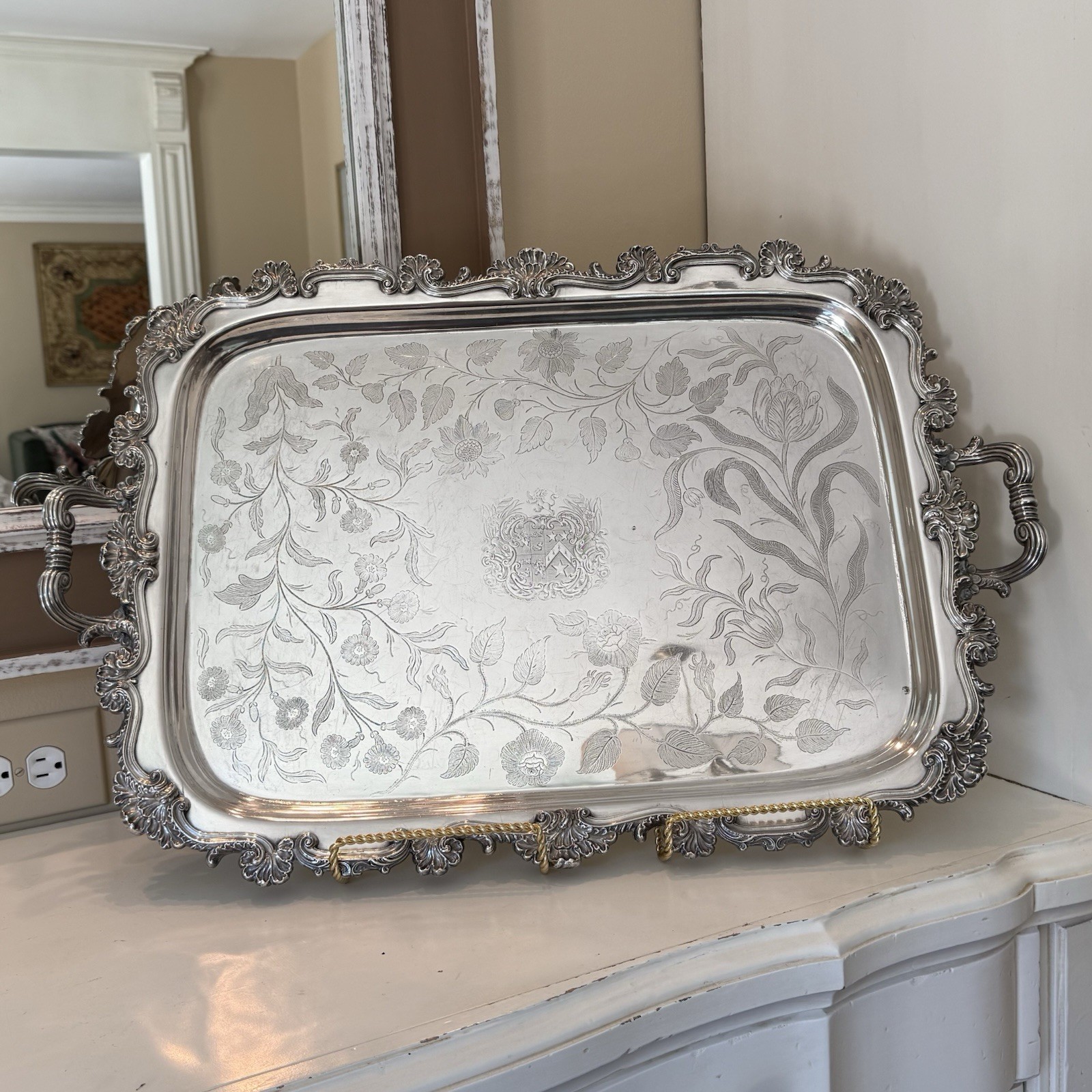 Antique Victorian English Silver Plate Butler Serving Tray 27” Armorial Crest
