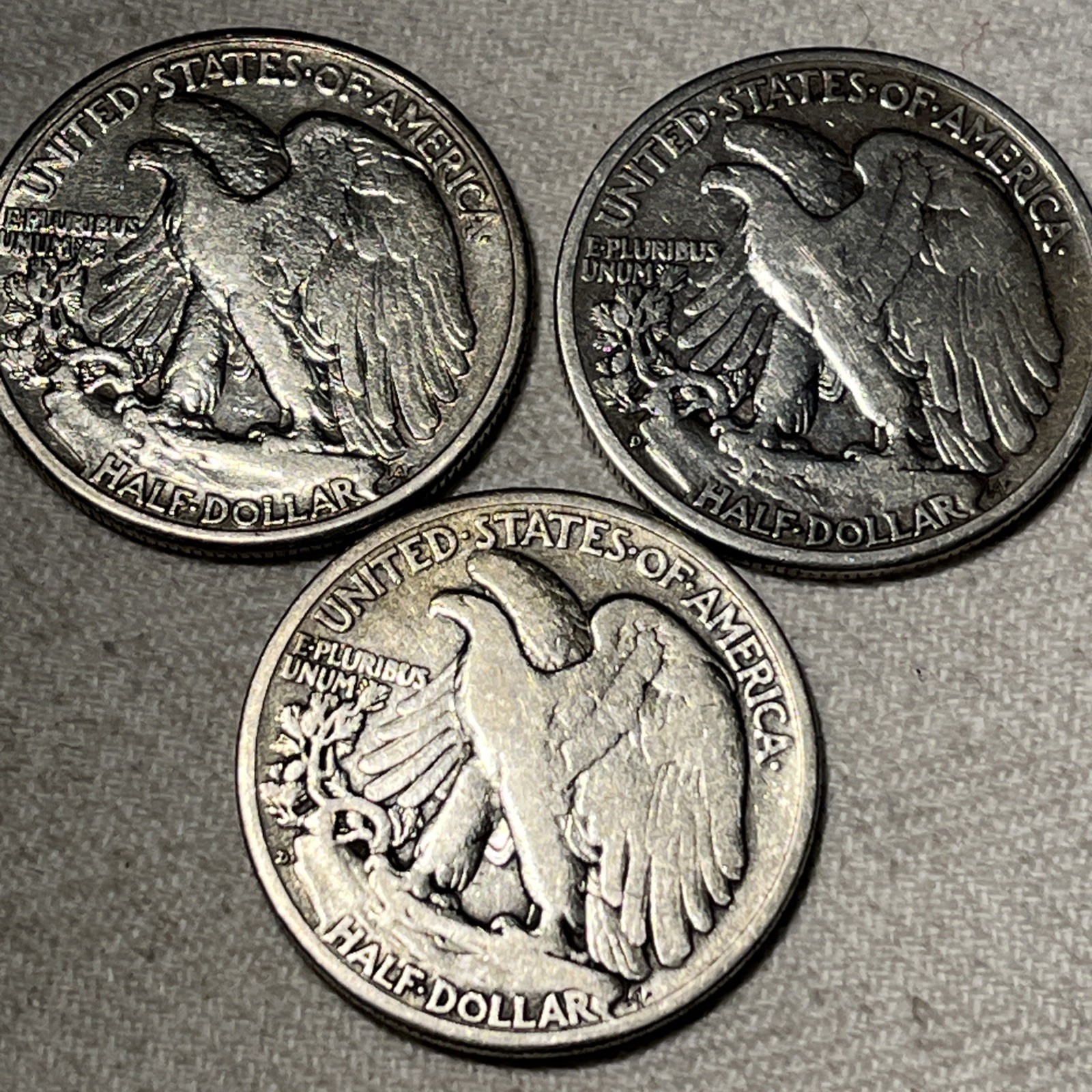 Lot of 3 Walking Liberty Siver Half Dolars. 1942, 1944D, 1947D. 90% Siver.💥