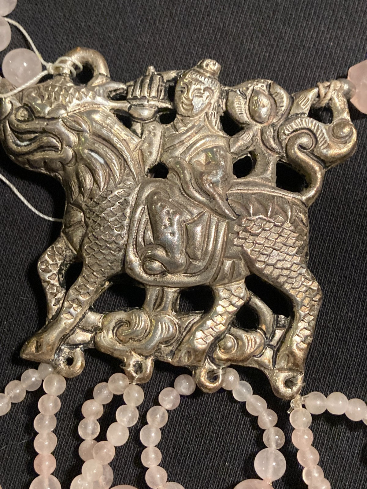 Vintage Foo Dog Chinese Silver Pendant Necklace with Pink stone or glass beads