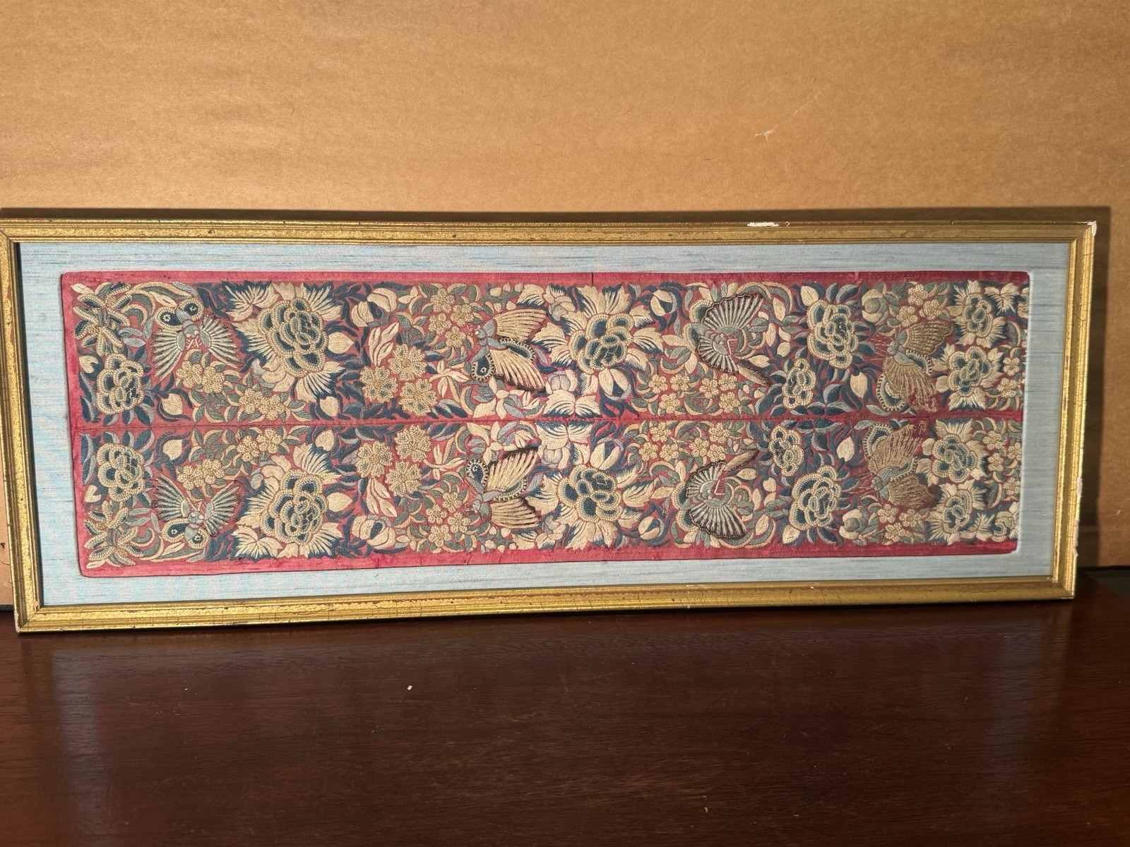 Antique Chinese Qing Dynasty Framed Silk Embroidery Panel Forbidden Stitch Gold