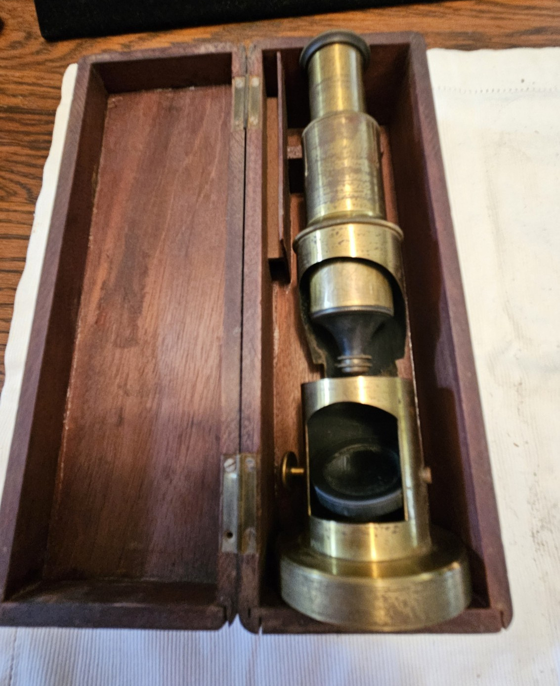 Antique Brass Field Microscope Mid 1800’s Simple Style Wood Box Glass Len Intact