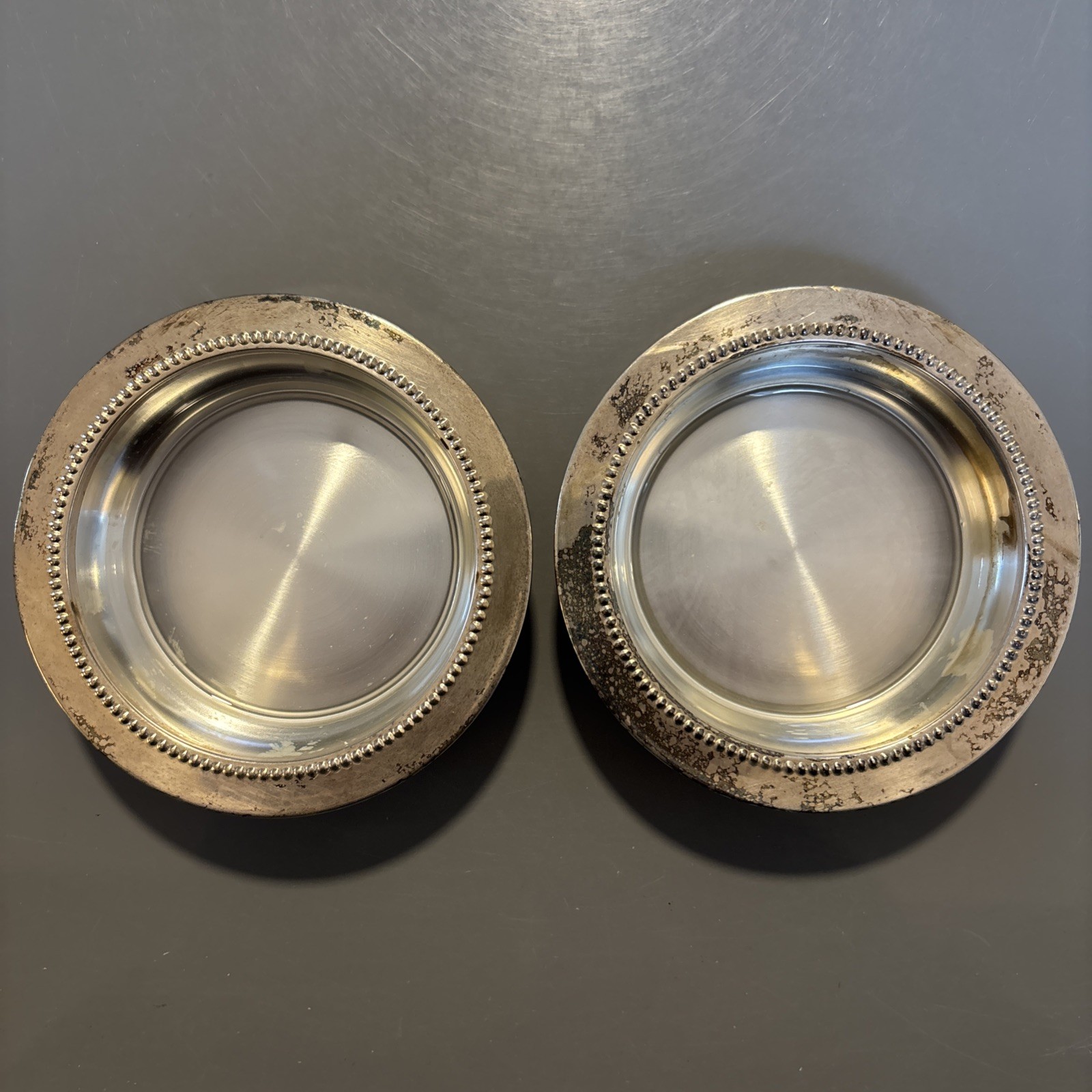 Vintage Set of 2 W & S Blackinton Glass & Silver Plate Coaster Tray 4” MCM #50