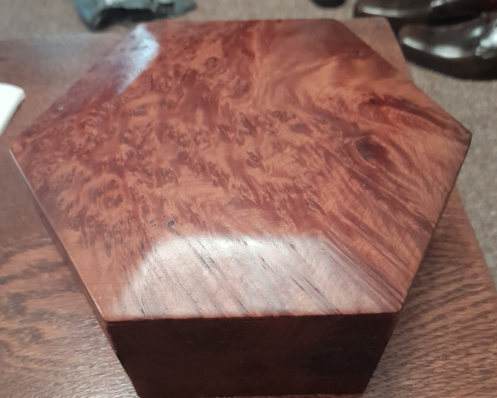 Stunning Burrwood Hexagonal Hinged Jewellery/trinket Box 7″ Width 2 1/2″ Height