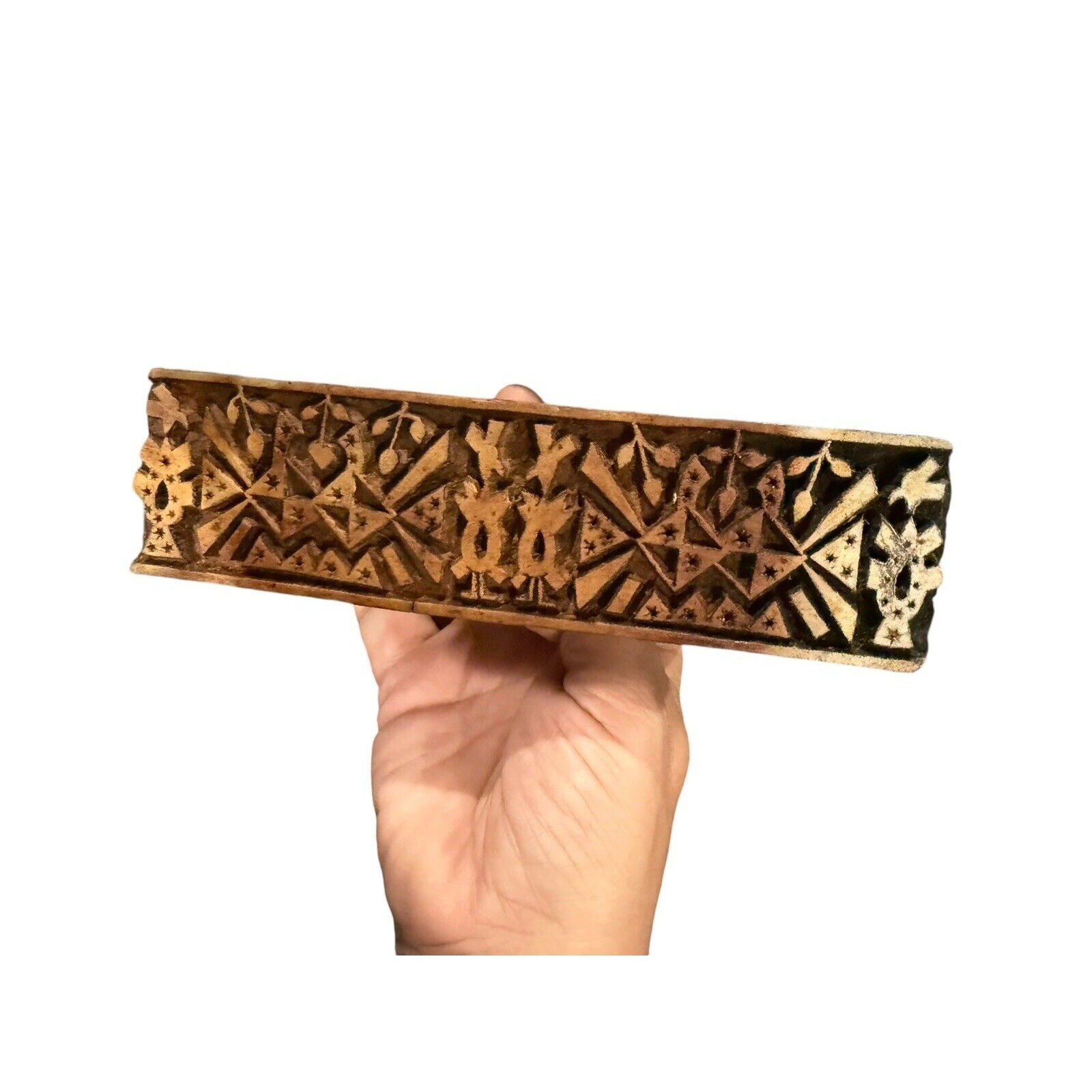 Vtg Carved WOODEN BLOCK STAMP Bontanical Geometric Hand Print Textiles Paper