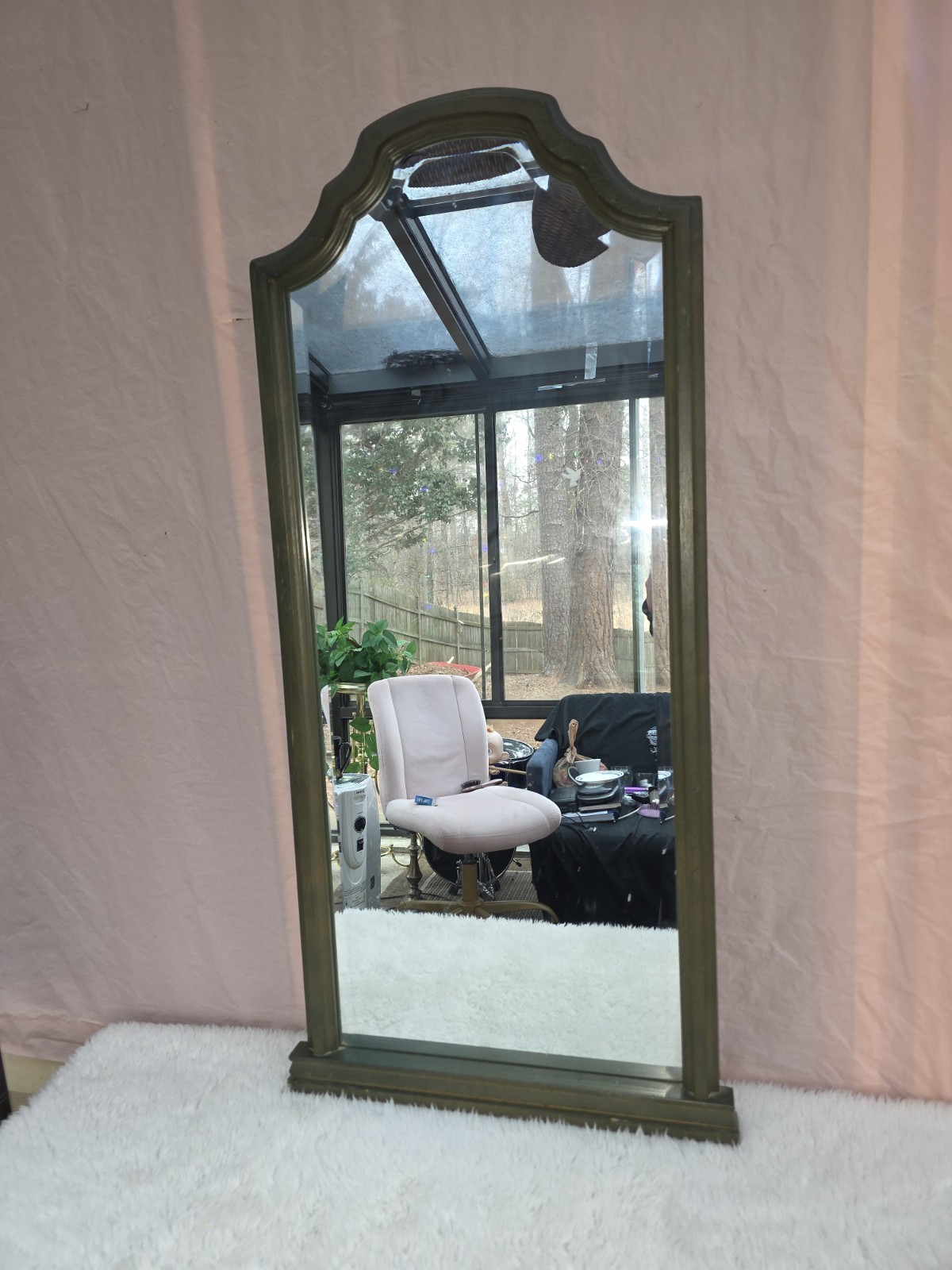 òîVTG RARE BEVELED GLASS 47X20″ MID CENT wood frame MIRROR