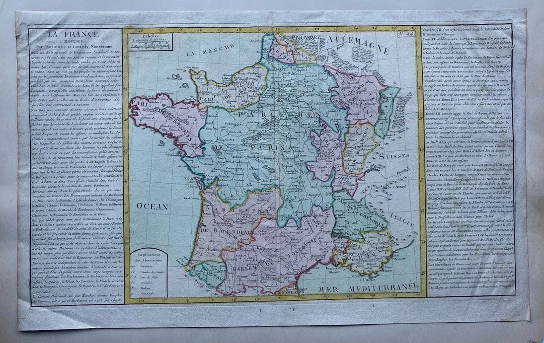 1787 Rigobert Bonne Map of France Original Copperplate Hand Color 23×14