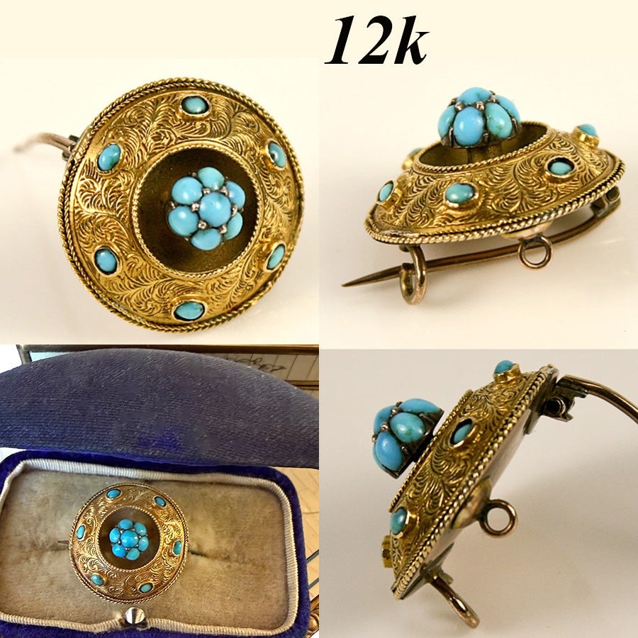 Antique Georgian Era 18th C 12k Gold and Persian Turquoise Etruscan Style Brooch