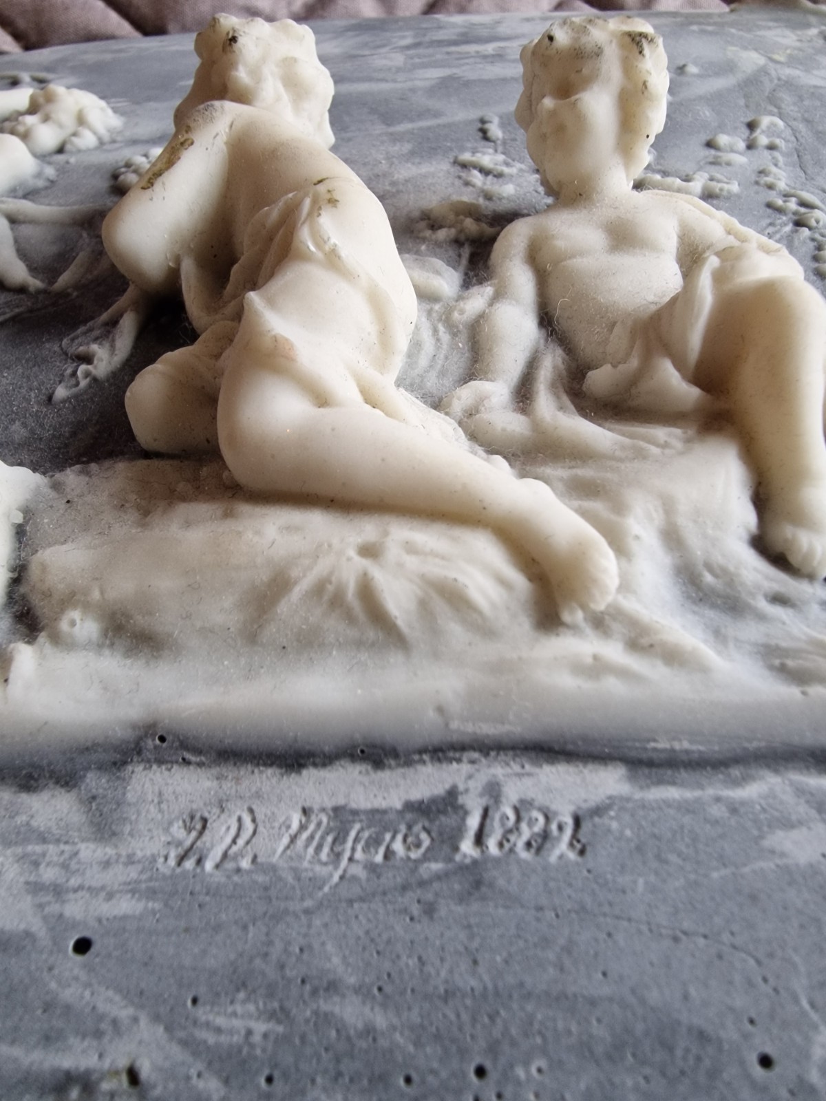 JP Myers 1882 signed putti sculpted scene unframed 33cm x20cm