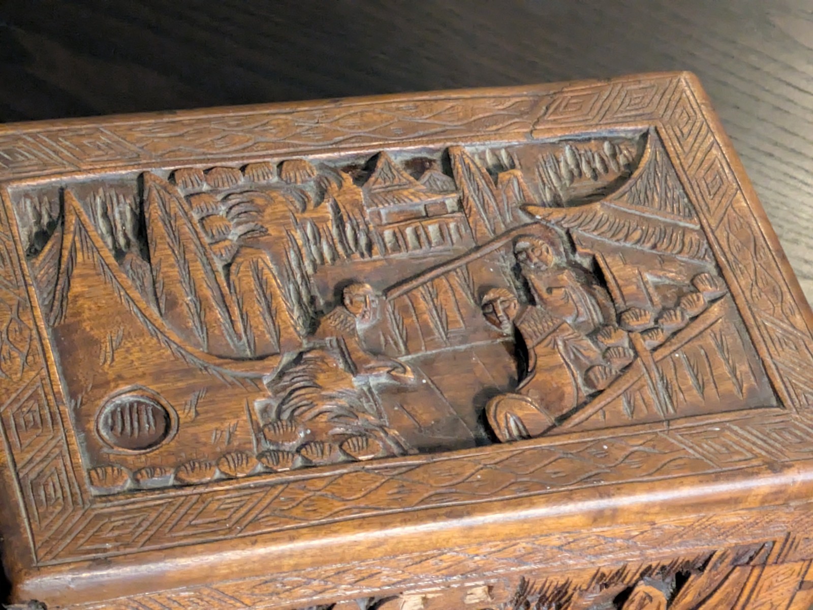 Rare Vintage 1940s Chinese Camphor Wood Chest Hand Carved Relief HEAVILY SCENTED