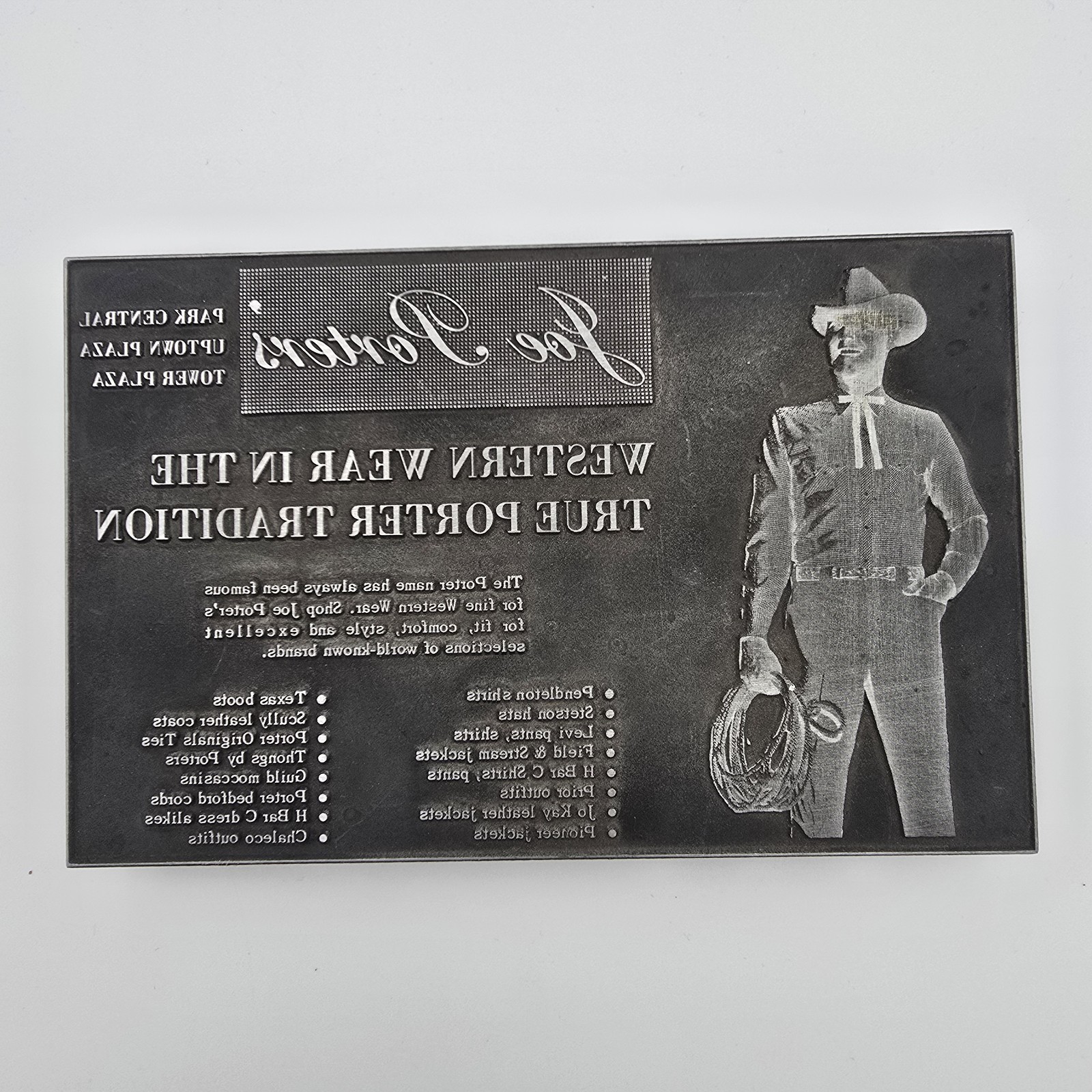 Vintage Letterpress Printing Block Joe Porter’s Western Cowboy Wear Advertising