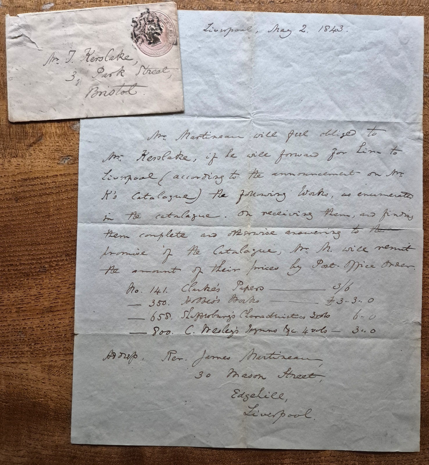 1843 PENNY PINK EMBOSSED ENVELOPE + AUTOGRAPH LETTER JAMES MARTINEAU, Unitarian