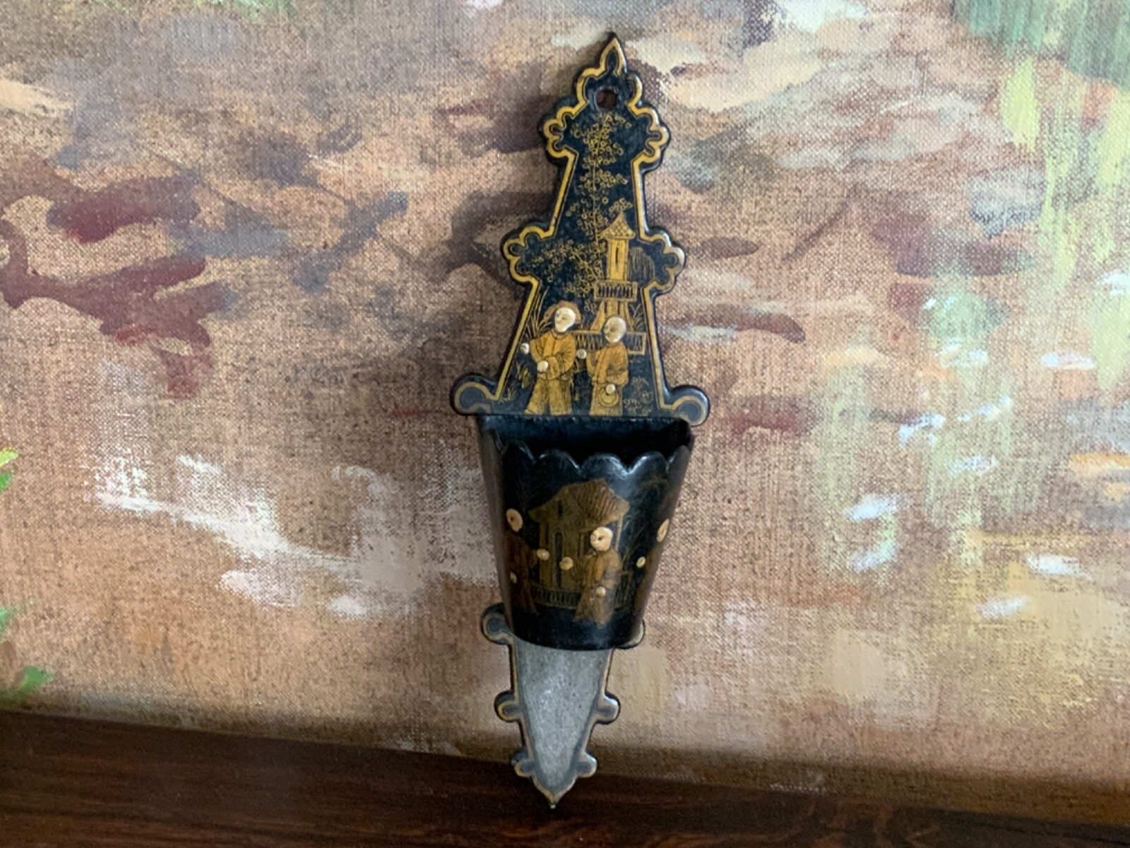 English Victorian Chinoiserie Black Lacquer Match Striker