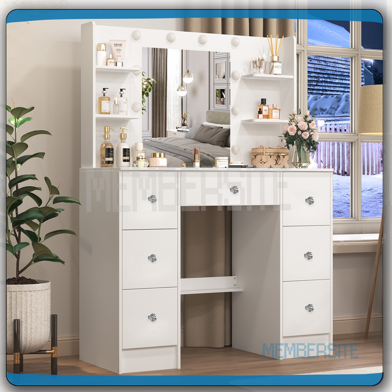 Vanity Set with LED Lights Mirror ,7 Drawers &Crystal Pull Makeup Vanity Table