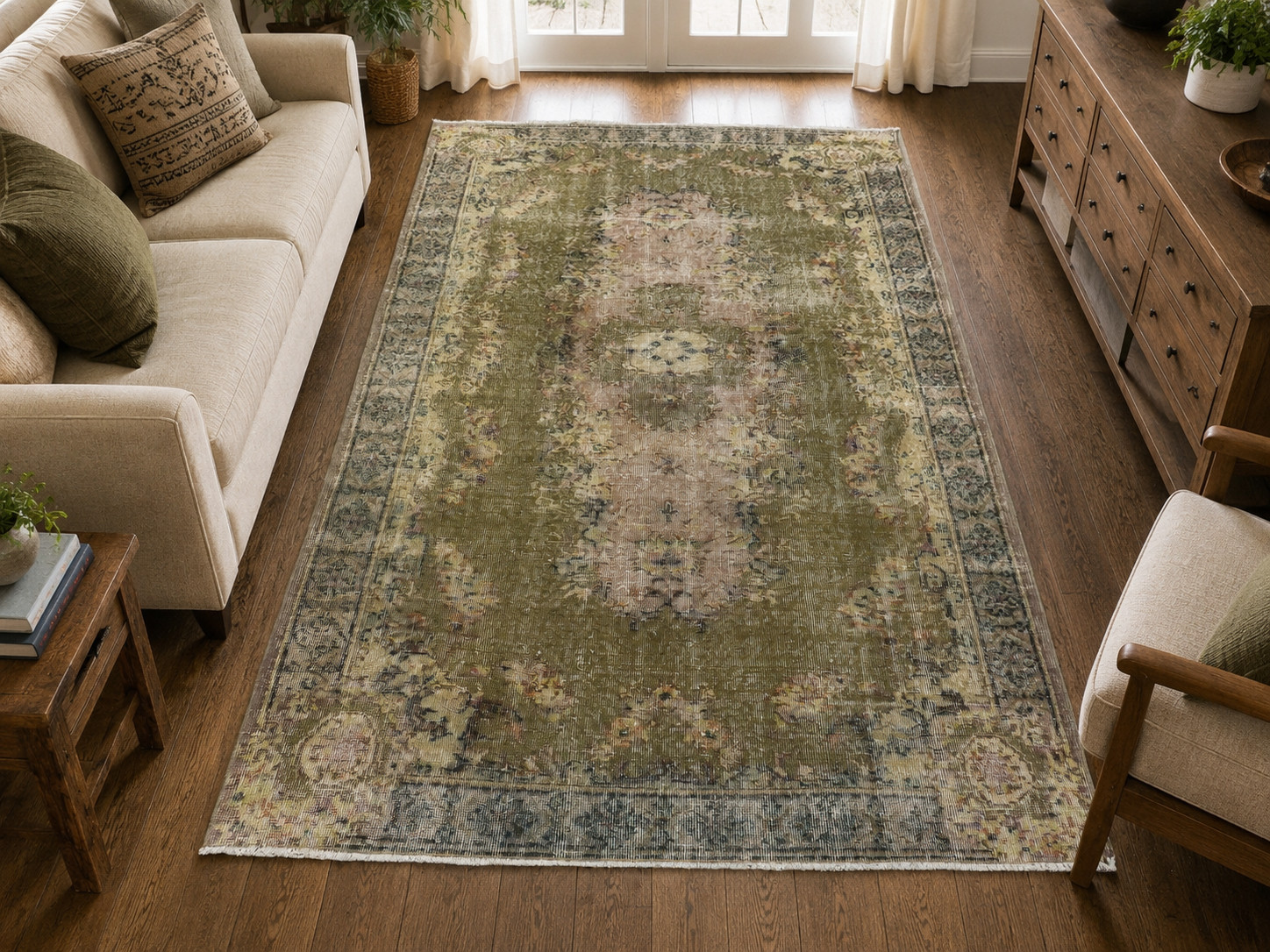 Olive Green Floral Medallion Vintage Turkish Rug, Large Handwoven Kelim 61″x102″