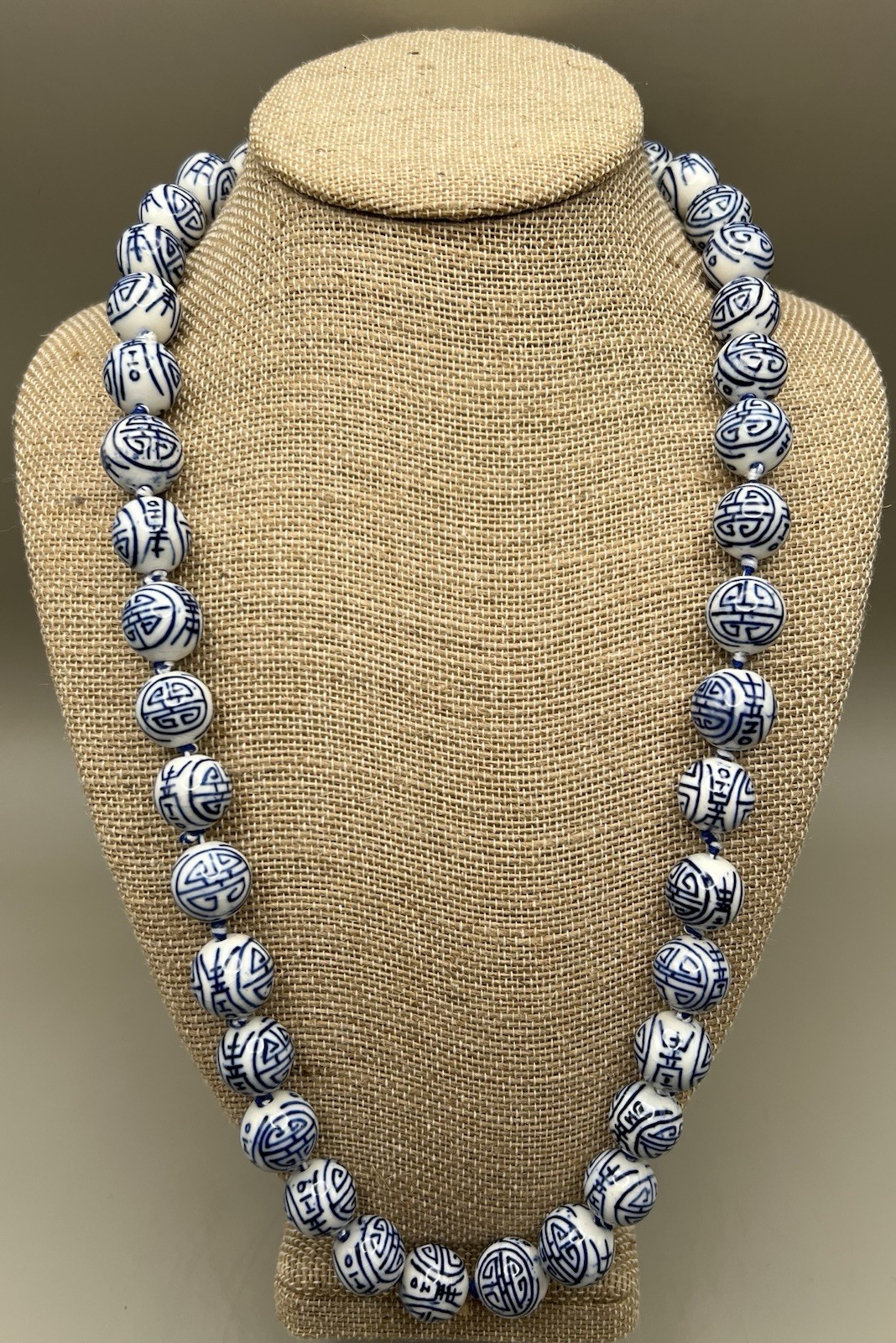 Hand Painted Vtg Chinese Porcelain Blue/White Shou Beads Necklace Vermeil Clasp