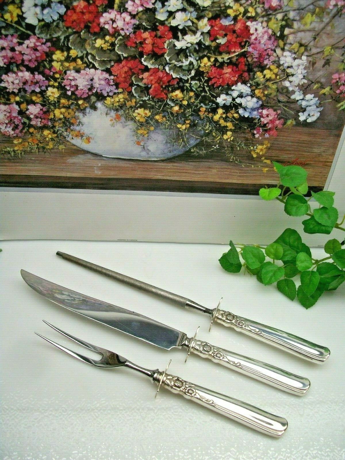 Oneida GAY ADVENTURE Silverplate Roast Carving Fork Knife & Sharpener Set 1955